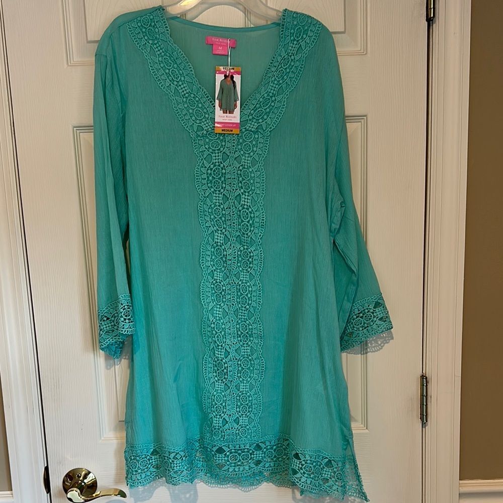 Isaac Mizrahi Teal Crochet Detail Swim Coverup